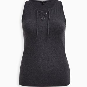NWT Torrid 1X Deep Black Mineral Wash Rib Crew Neck Lace-Up Tank Size 14-16